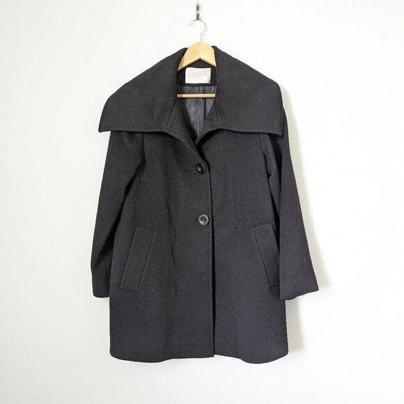 Fleurette black wool cashmere button front wide collar luxe heavy winter coat - Picture 2 of 7